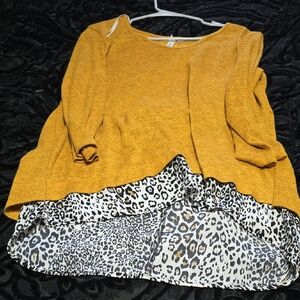 NY Collection Mustard Tunic with Leopard Hem